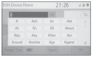 Toyota Corolla. Entering letters and numbers/ list screen operation