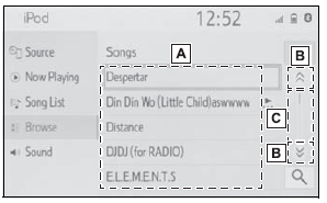 Toyota Corolla. Entering letters and numbers/ list screen operation