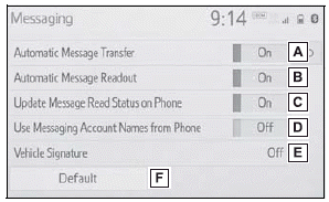 Toyota Corolla. Message settings screen