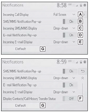 Toyota Corolla. Notifications settings screen