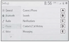 Toyota Corolla. Phone settings screen. Sounds settings screen
