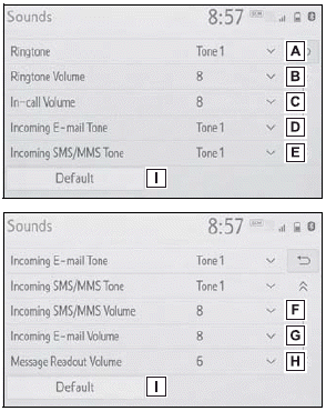 Toyota Corolla. Phone settings screen. Sounds settings screen