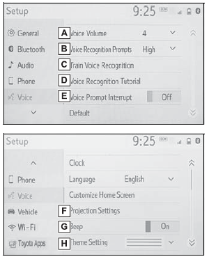 Toyota Corolla. “Setup” screen